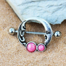 316L Stainless Steel Crescent Moon Nipple Ring with Pink Synthetic Opal - £13.91 GBP+