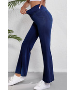 Dusk Blue Solid Crossed Waist High Elastic Fit Flare Knit Jeans - $521.18 MXN