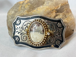 Vtg Western Style Belt Buckle Silvertone And Polished Cabochon Stone USA - $29.65