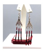 Glass Beads Fringe Earrings, Red and Black Tube Beads Skim from Silver Tone - £25.22 GBP