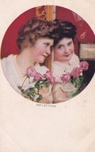 Reflections Girl Holding Pink Roses Looking in a Mirror Postcard C28 - $2.99