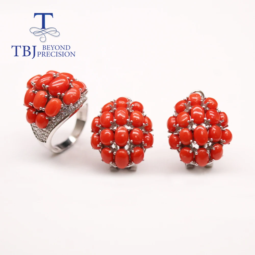 New Natural Red Coral luxury Jewelry Set Real gemstone 925 sterling silver ring  - £271.44 GBP