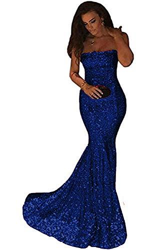 Sequins Mermaid Long Strapless Formal Evening Gown Prom Dresses Royal Blue US 12