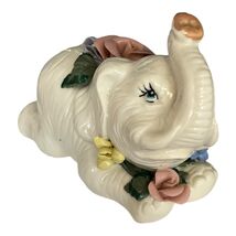 Vintage White Elephant Porcelain Figurine with Applied Roses Trunk Up Floral Acc - $16.20