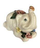 Vintage White Elephant Porcelain Figurine with Applied Roses Trunk Up Fl... - $16.20