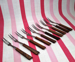 Mid Century 10pc Walnut 2 Tine Stainless Hors d&#39;oeuvre Forks or Cocktail Picks - £14.38 GBP