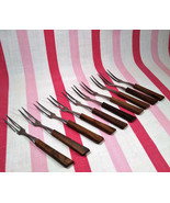 Mid Century 10pc Walnut 2 Tine Stainless Hors d&#39;oeuvre Forks or Cocktail... - $18.00