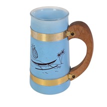 Siesta Ware Tiki Mug Blue Tropical Glass Mug Cup Wooden Handle Bar Vinta... - $24.94