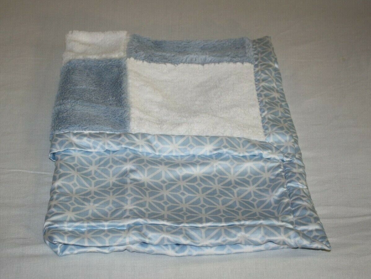 COCALO Baby Blanket Blue White Satin Snowflake Plush Patchwork Squares B... - $48.77