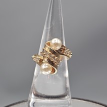 Vtg 14k Gold Plated Ring Imitation Pearl Ribbon Swirl Crystal Accent Siz... - $29.99