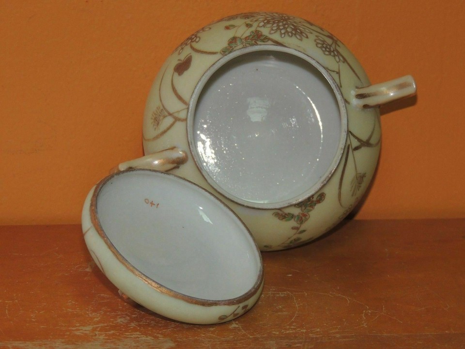 Hand Painted 3" Sugar Bowl marked 1+0 Yellow White flower & Gold Accents Antique Item image 6
