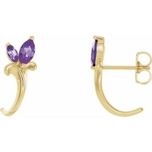 Authenticity Guarantee 
14k Yellow Gold Amethyst Floral Design J-Hoop Earrings - £413.91 GBP