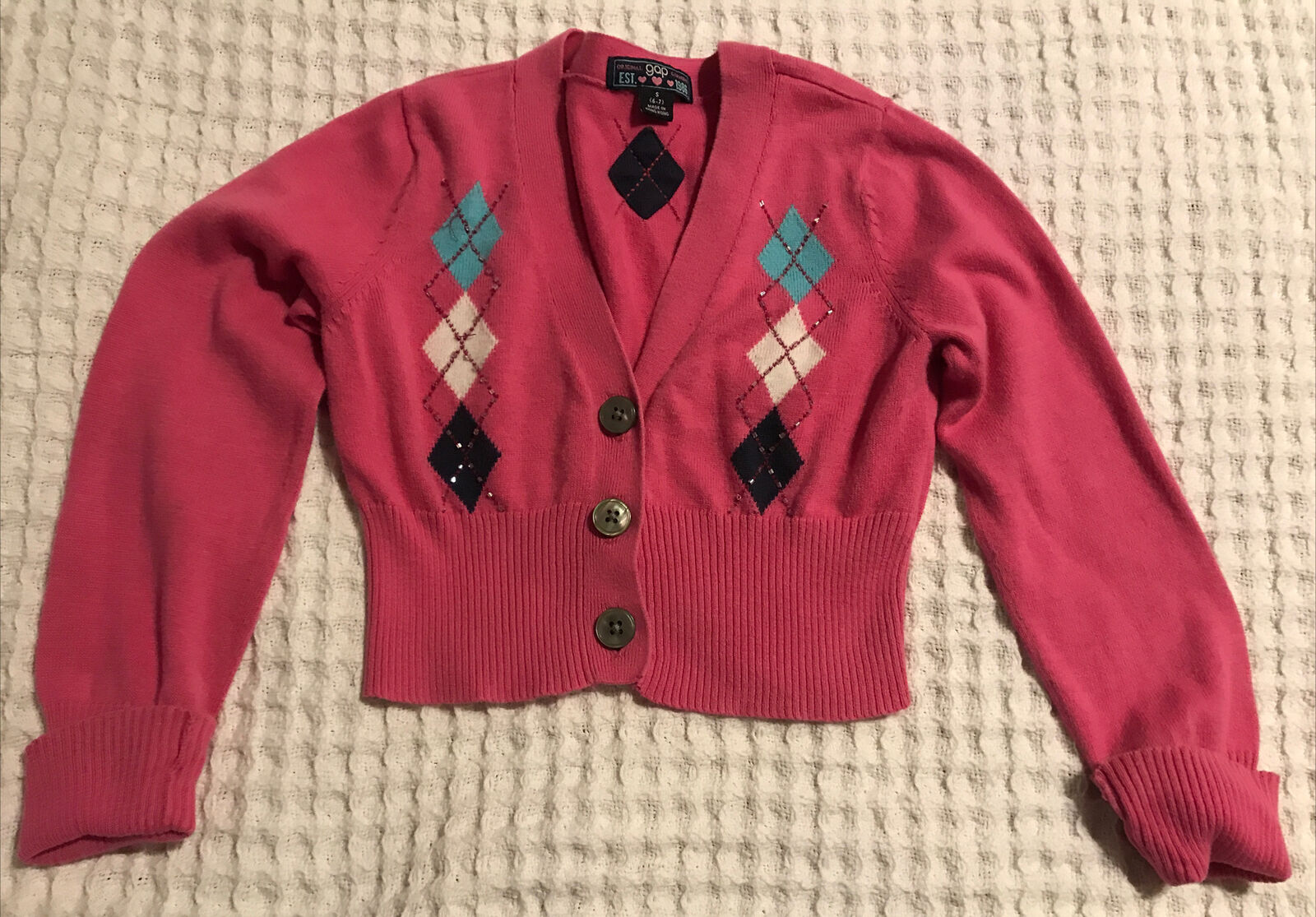 Primary image for GAP GIRL's 6-7 Argyle Short Cardigan Pink Sweater Sparkle Beads embellished Btns
