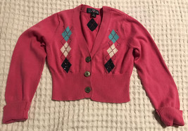 GAP GIRL&#39;s 6-7 Argyle Short Cardigan Pink Sweater Sparkle Beads embellis... - $14.48