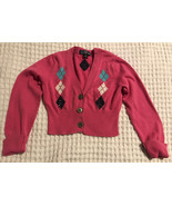 GAP GIRL&#39;s 6-7 Argyle Short Cardigan Pink Sweater Sparkle Beads embellis... - £11.53 GBP