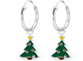 Hypoallergenic Sterling Silver Christmas Tree Charm Dangle Hoop Earrings... - $46.14