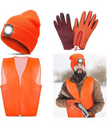 3 Pcs Hunting Set Blaze Orange Vest Touchscreen Gloves &amp; LED Hat Safety ... - $20.79