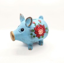 Vintage Ceramic Floral Piggy Bank Japan Handpainted Blue Red Kitsch Decor Retro - £15.13 GBP