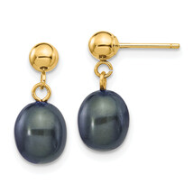 14k 7-8mm Black Rice Freshwater Cultured Pearl Dangle Post Earrings XF336E - $117.08
