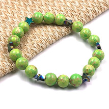 Natural Green Sea Sediment & Hematite 8 mm Bead 7.5" Stretch Bracelet SSB-6 - $13.84