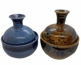 Art Pottery Signed Peter LOT 2 Brown Blue Oil Lamp Double Wick - £17.39 GBP