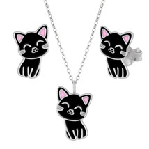 Cat Jewelry Set 925 Silver Stud Earrings &amp; Necklace - £22.17 GBP