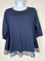 Catherines Womens Plus Size 2X Blue Knit Floral Plaid Trim Top 3/4 Sleeve - £12.69 GBP