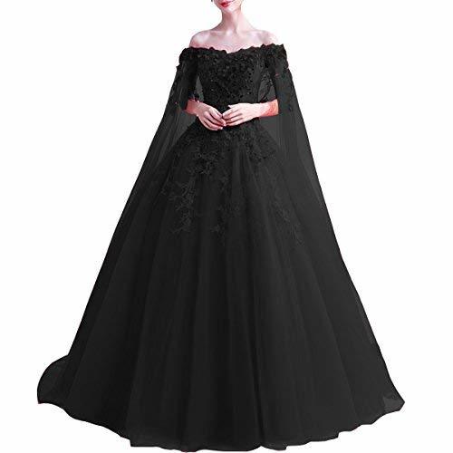 Plus Size Off Shoulder Long Lace Beaded Prom Wedding Dresses With Cape Black US