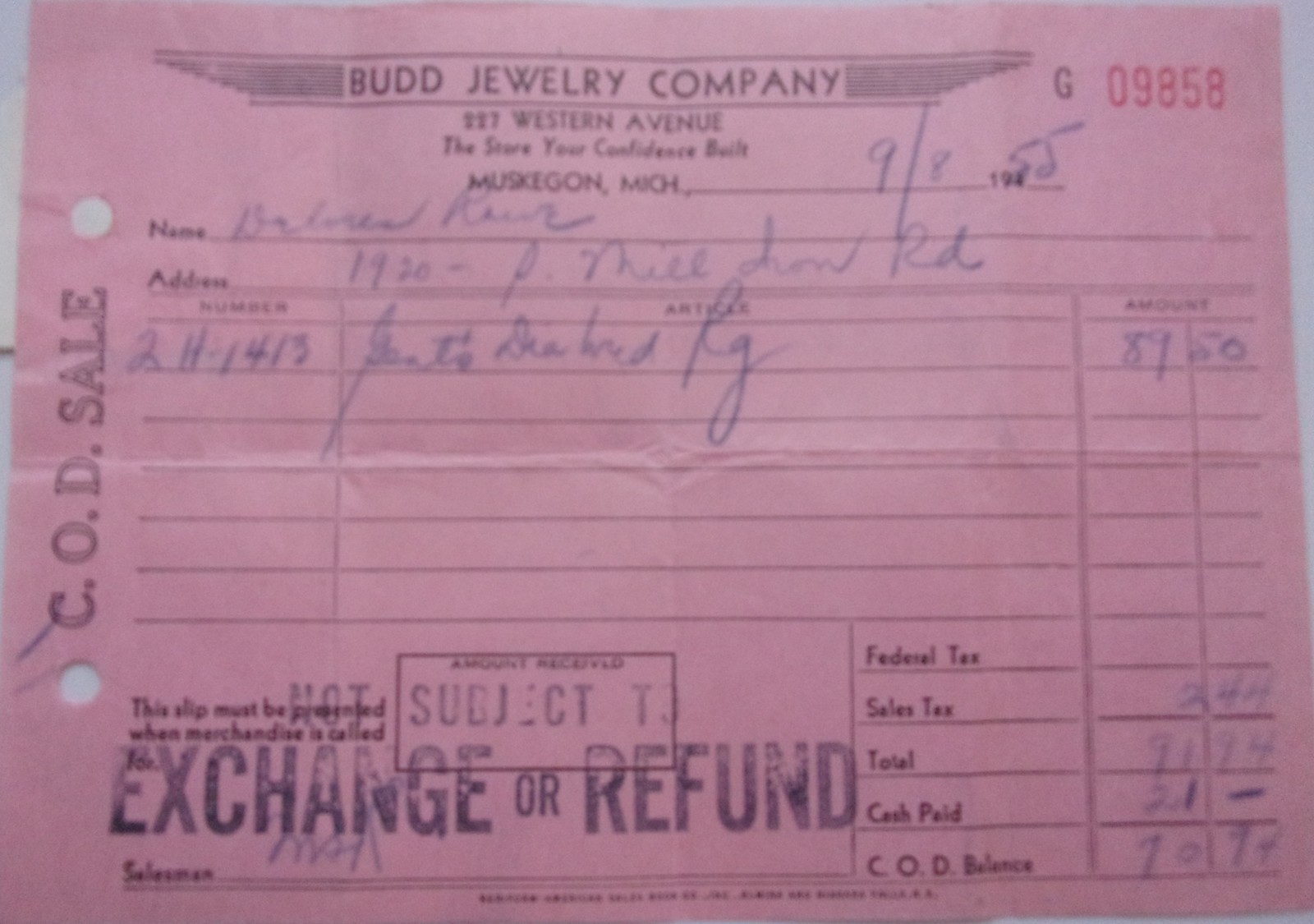 Vintage Bud Jewelry Company Receipt Muskegon Mi 1955  - $1.99