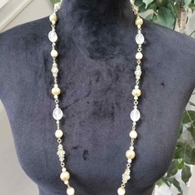 1928 Womens Fashion Clear Crystals Faux Pearl Beaded Long Necklace with Lobster - £22.33 GBP