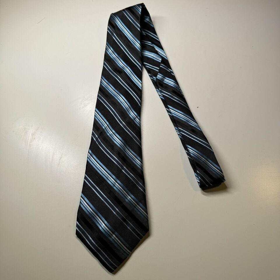 Perry Ellis Silk Striped Neck Tie Black Blue Office Work Business - $3.92