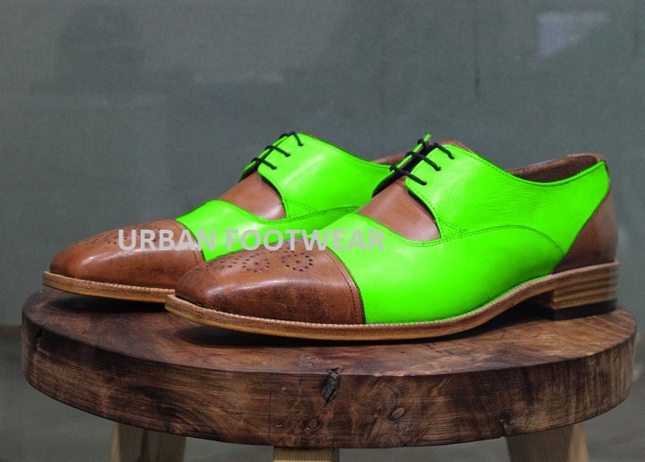 New Men's Handmade Leather Shoes Brown Green Leather Lace up Dress & Casual