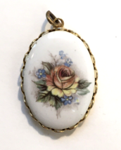Vintage Porcelain w/ Transferware Flowers Necklace Pendant Oval Framed G... - $12.00