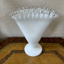 Vintage Fenton Silver Crest Milk Glass Ruffled Top Art Glass 7” Tall Folded Vase - £19.37 GBP