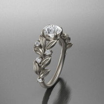 Leaf Engagement Ring 1.90Ct Round Cut White Moissanite 14K White Gold Size 6.5 - £208.67 GBP