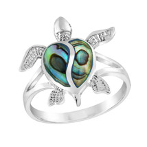 Beloved Sea Turtle with Heart Inlaid Abalone Shell Sterling Silver Ring-8 - £14.86 GBP