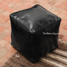 Set of 2 Handmade &amp; Stitched Moroccan Pouf Square, Genuine Leather, Black Color - £111.90 GBP