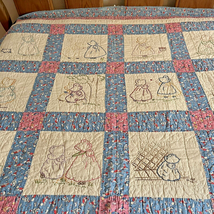 Vintage Hand Embroidered Sunbonnet Sue Hand Quilted Pink Blue Quilt 68x82 - £132.69 GBP