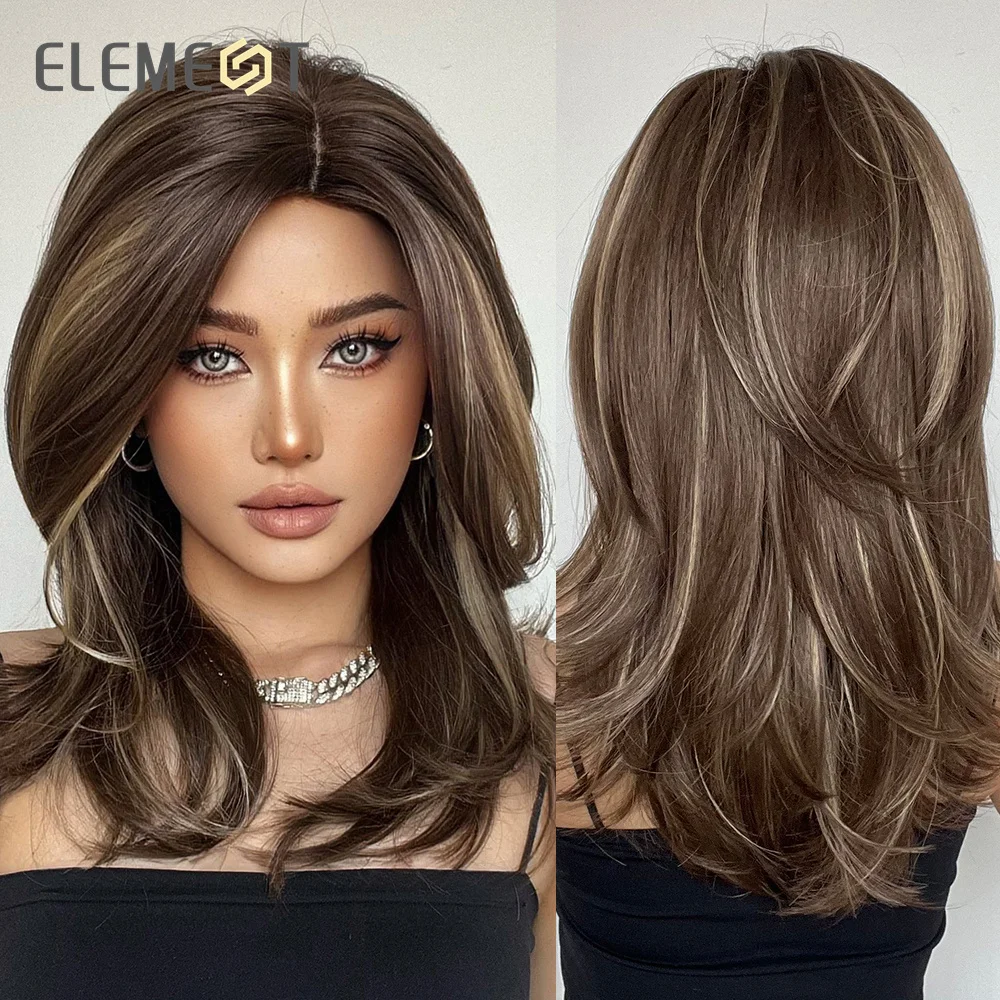 ELEMENT Synthetic Wig Medium Wavy Hair Brown Mixed Blonde Wigs for Women Daily - £17.05 GBP+