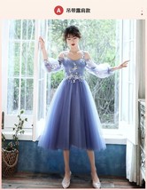 Sweet Memory 2021 Women Blue Bridesmaid Dresses Tea Length Appliques  Flowers Mi - £108.09 GBP