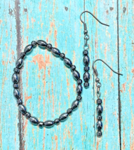 Hematite Beaded Stackable Stretch Bracelet &amp; Earring Jewelry Set for Him or Her - £7.85 GBP