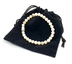 Mother of Pearl Bracelet Gemstone Genuine Crystal Cream 6mm Beads &amp; Velv... - $16.31