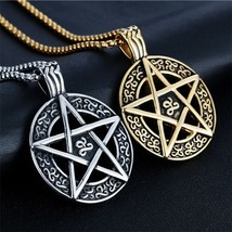 Men&#39;s Pentacle Pentagram Star Magic Amulet Stainless Steel Pendant Necklace set - £14.88 GBP