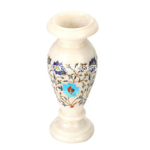 9&quot;x4&#39;&#39; Marble Flower Vase Multi Floral Art Inlay Beautiful Home Decor Gift H3611 - $247.64