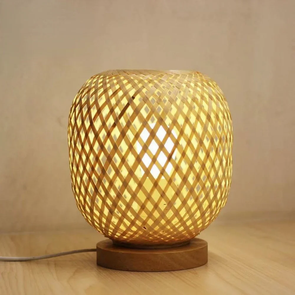 Bamboo Weaving Table Lamp with Handmade Natural Wooden Base, Retro Desk ... - $30.51