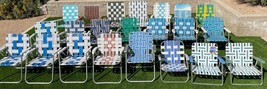 Vtg 70-80&#39;s Webbed Lawn Chair Folding Redwood Webbing Aluminum Metal Pool Party - £28.67 GBP+