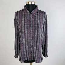 Notations Womens Large L Polyester Button Down Purple Gray Artsy Stripe Shirt - £12.02 GBP