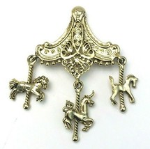 Vintage Etched Gold Tone Openwork Filigree Carousel Brooch Pin - $23.76