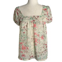Jessica Simpson Sheer Babydoll Blouse M Beige Floral Square Neck Short Sleeves - £14.61 GBP