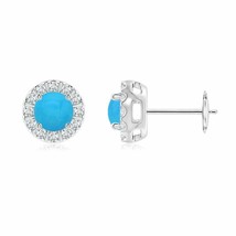 ANGARA 5mm Natural Turquoise Stud Earrings with Bar-Set Diamond Halo in Silver - £586.17 GBP+